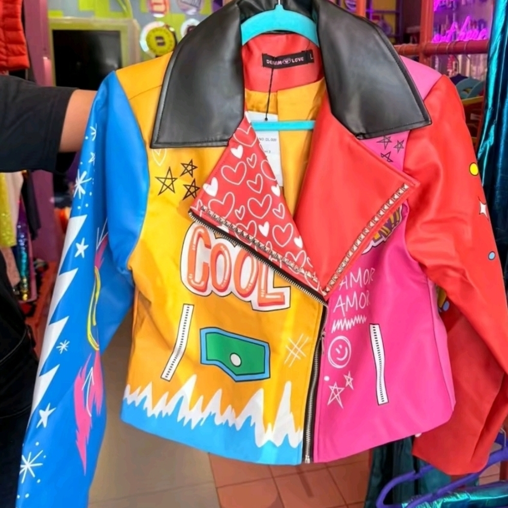 Denim Love Colorful Graphic Moto Jacket L